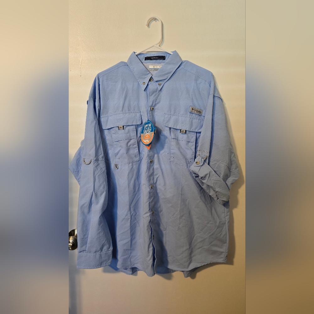 Columbia PFG Bahama II Mens Large L/G Blue Fishing Shirt UPF 30 Long Sleeve